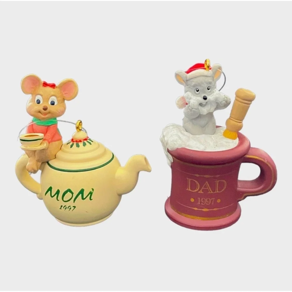 Hallmark 1997 Dad Mom Mice Christmas Ornaments Set of 2 Vintage Resin